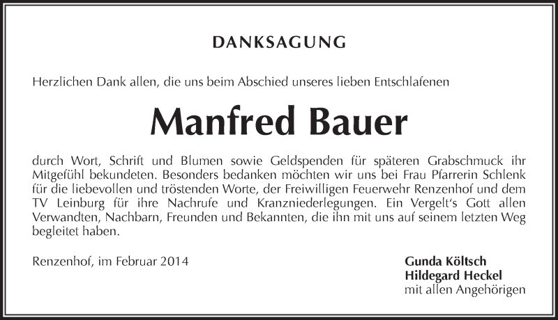  Traueranzeige für Manfred Bauer vom 08.02.2014 aus Pegnitz-Zeitung